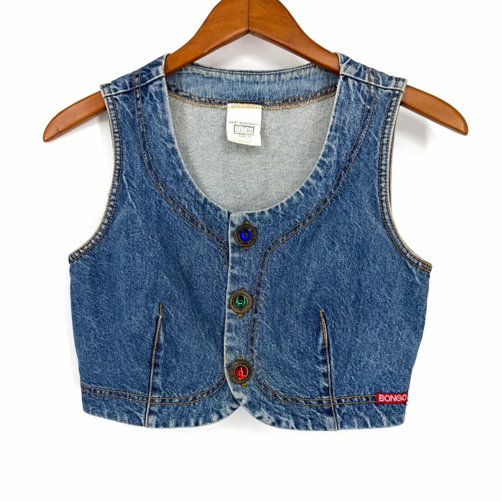 ✨Vintage 90s Montesano BONGO Blue Denim Cropped Vest Top Jewel Buttons XS Rodeo